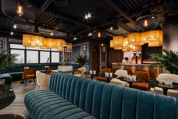 interieur de restaurant moderne avec un style industriel et un mobilier luxueux